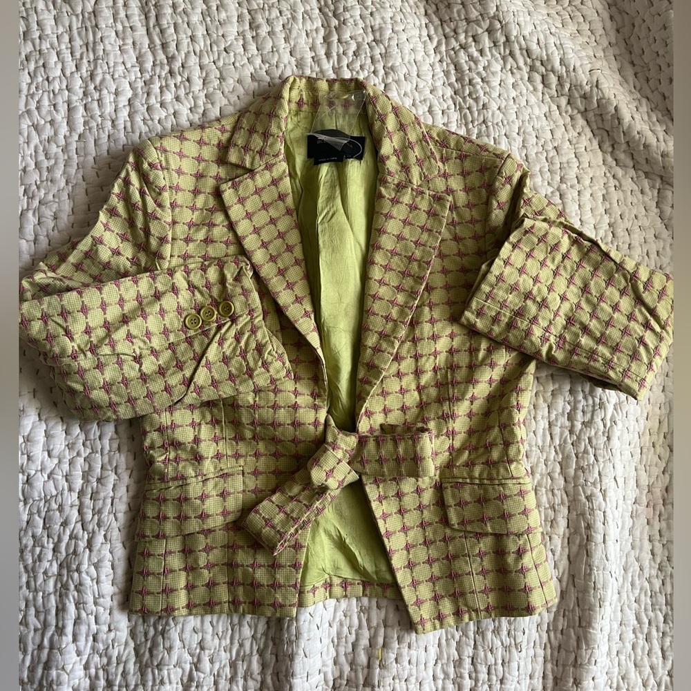 BCBGMaxAzria Green Blazer jacket with pink and green stitching Belted Blazer